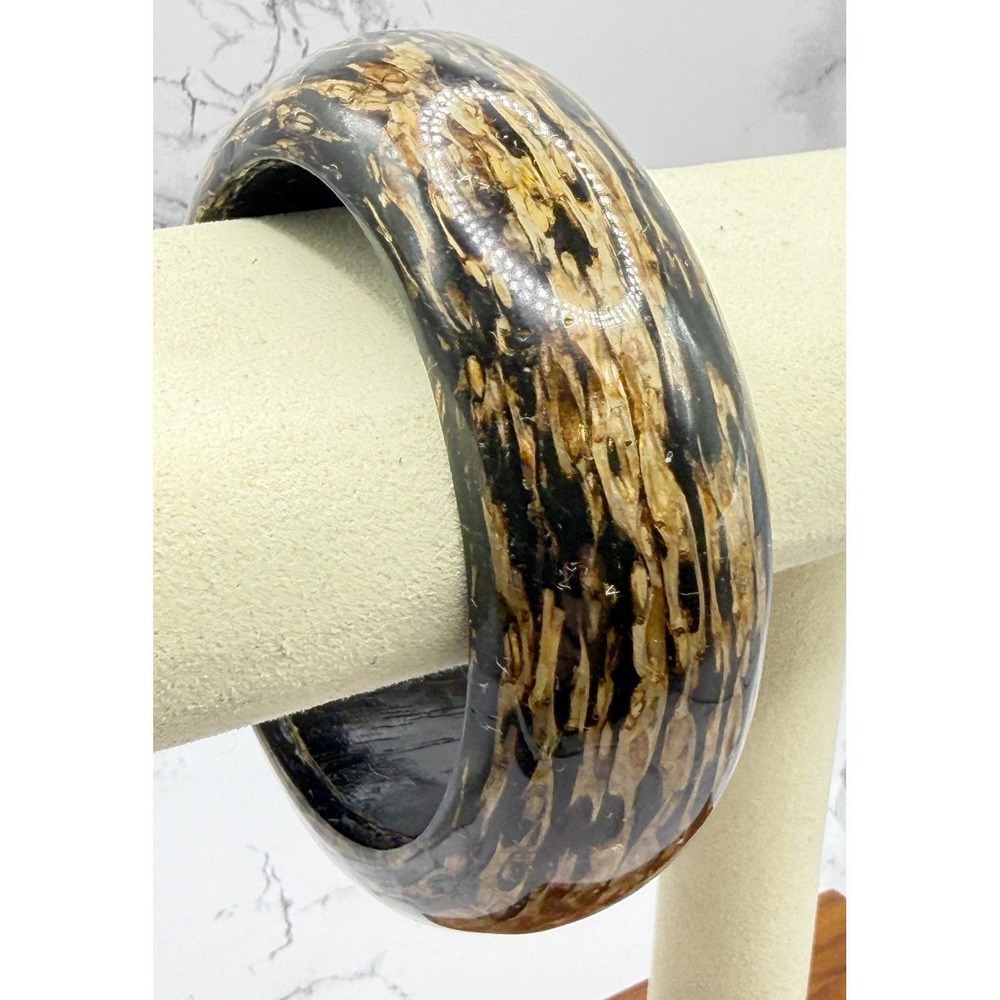 Black Tan Marbled Resin Bangle Bracelet Chunky‎ Tortoiseshell Style